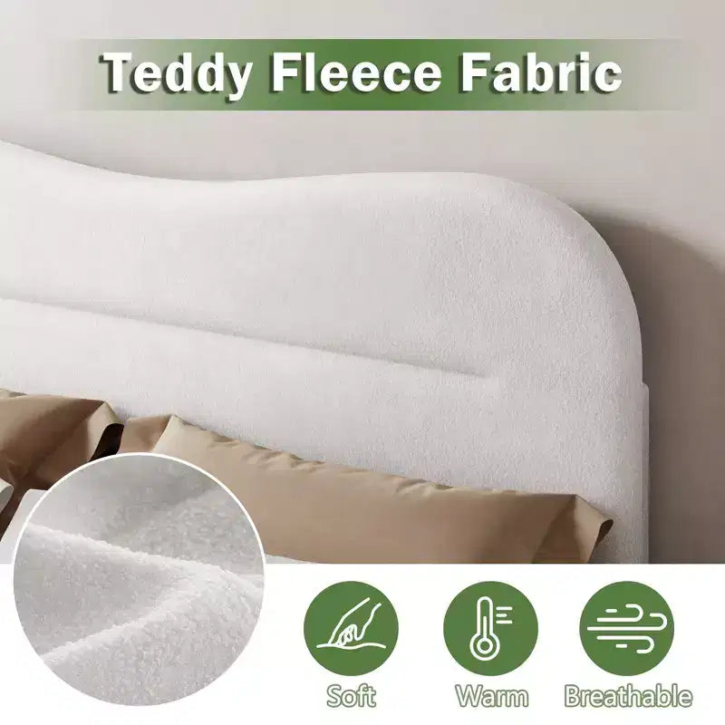 Struttura letto imbottita queen-size White Queen Size in Teddy Bouclé Morbida testiera Cloud Design Marshmallow Moderno Nessuna molla necessaria Supporto silenzioso