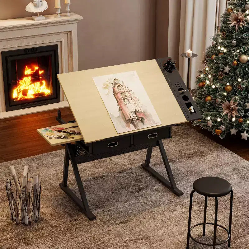 TUYOHW Scrivania da Disegno e Progettazione Regolabile con 2 Cassetti e Sgabello, Piano Inclinabile in MDF, Altezza Regolabile da 0 a 75 per Casa, Ufficio, Scuola, Studio