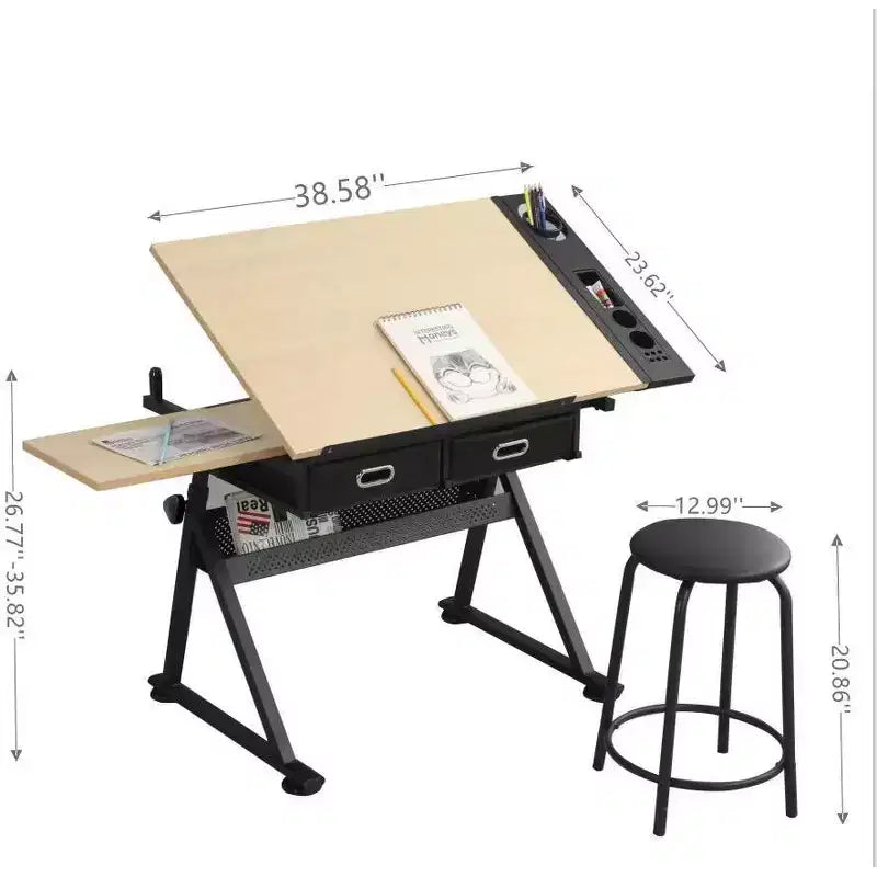 TUYOHW Scrivania da Disegno e Progettazione Regolabile con 2 Cassetti e Sgabello, Piano Inclinabile in MDF, Altezza Regolabile da 0 a 75 per Casa, Ufficio, Scuola, Studio