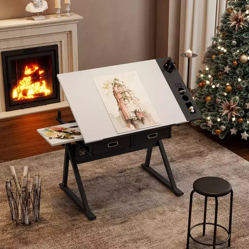 TUYOHW Scrivania da Disegno e Progettazione Regolabile con 2 Cassetti e Sgabello, Piano Inclinabile in MDF, Altezza Regolabile da 0 a 75 per Casa, Ufficio, Scuola, Studio