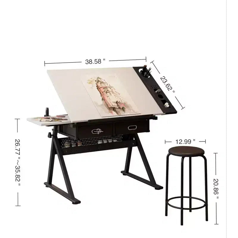 TUYOHW Scrivania da Disegno e Progettazione Regolabile con 2 Cassetti e Sgabello, Piano Inclinabile in MDF, Altezza Regolabile da 0 a 75 per Casa, Ufficio, Scuola, Studio