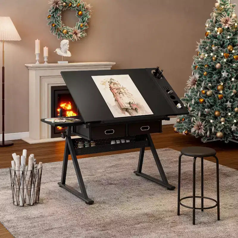 TUYOHW Scrivania da Disegno e Progettazione Regolabile con 2 Cassetti e Sgabello, Piano Inclinabile in MDF, Altezza Regolabile da 0 a 75 per Casa, Ufficio, Scuola, Studio