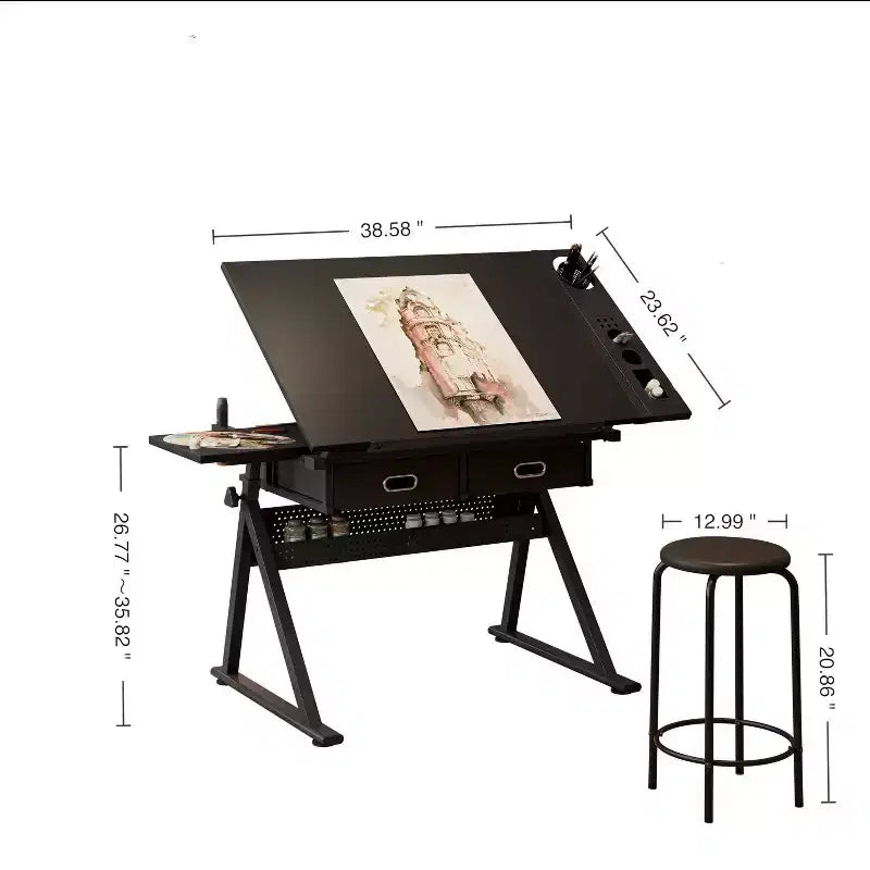 TUYOHW Scrivania da Disegno e Progettazione Regolabile con 2 Cassetti e Sgabello, Piano Inclinabile in MDF, Altezza Regolabile da 0 a 75 per Casa, Ufficio, Scuola, Studio