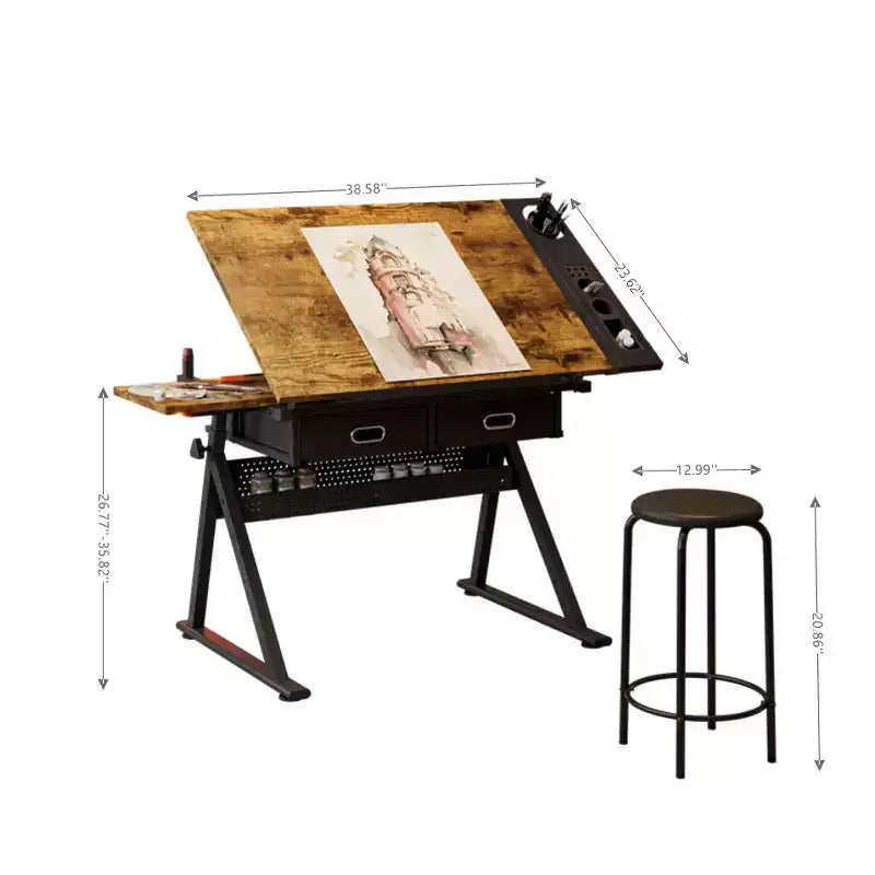 TUYOHW Scrivania da Disegno e Progettazione Regolabile con 2 Cassetti e Sgabello, Piano Inclinabile in MDF, Altezza Regolabile da 0 a 75 per Casa, Ufficio, Scuola, Studio