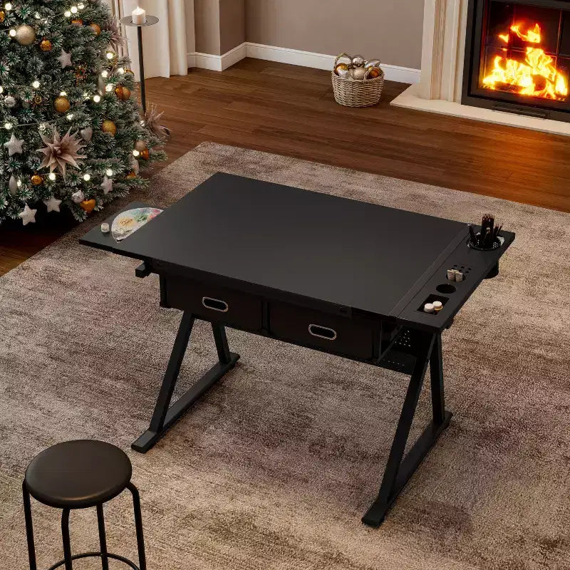 TUYOHW Scrivania da Disegno e Progettazione Regolabile con 2 Cassetti e Sgabello, Piano Inclinabile in MDF, Altezza Regolabile da 0 a 75 per Casa, Ufficio, Scuola, Studio