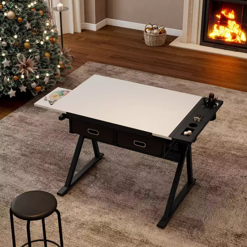 TUYOHW Scrivania da Disegno e Progettazione Regolabile con 2 Cassetti e Sgabello, Piano Inclinabile in MDF, Altezza Regolabile da 0 a 75 per Casa, Ufficio, Scuola, Studio