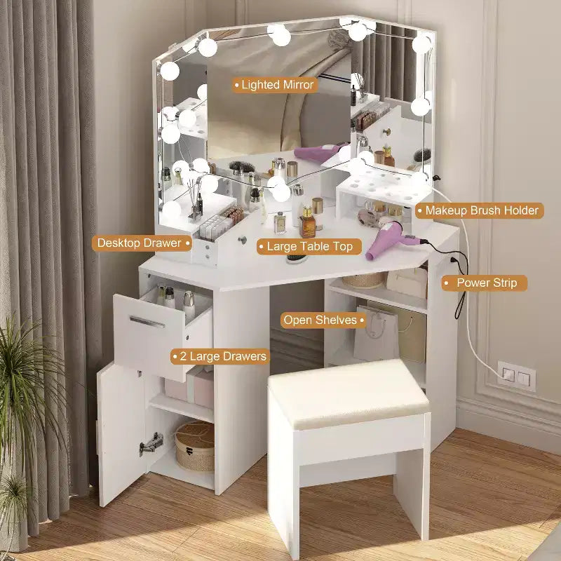 Scrivania angolare da trucco con specchio e luci - Tavolo da trucco con sgabello imbottito, tavolo da trucco per camera da letto con ripiano portaoggetti, toletta per donne e ragazze