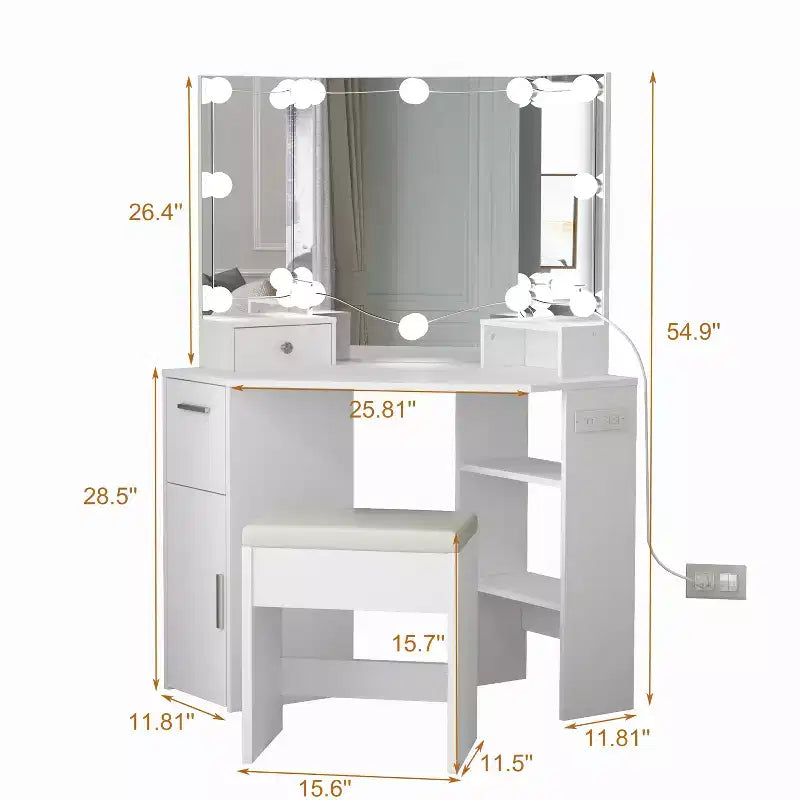 Scrivania angolare da trucco con specchio e luci - Tavolo da trucco con sgabello imbottito, tavolo da trucco per camera da letto con ripiano portaoggetti, toletta per donne e ragazze