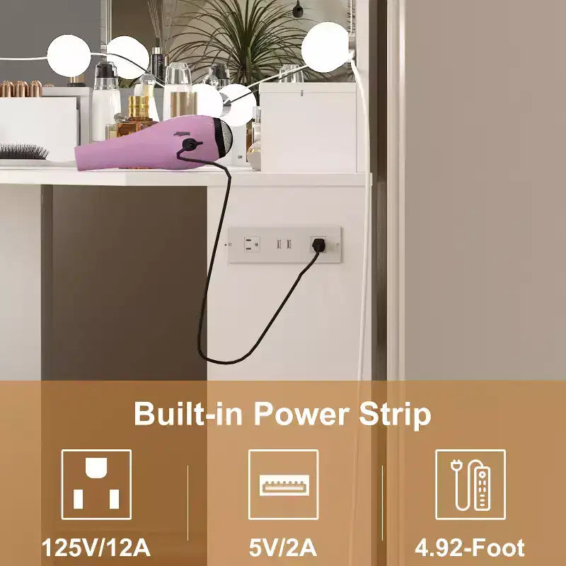 Scrivania angolare da trucco con specchio e luci - Tavolo da trucco con sgabello imbottito, tavolo da trucco per camera da letto con ripiano portaoggetti, toletta per donne e ragazze
