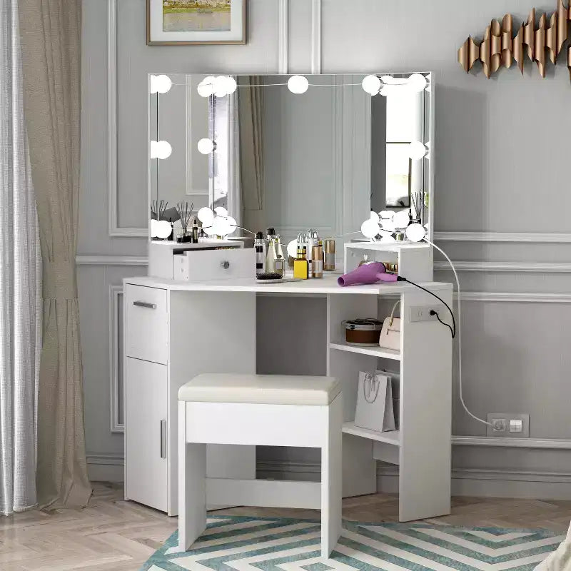 Scrivania angolare da trucco con specchio e luci - Tavolo da trucco con sgabello imbottito, tavolo da trucco per camera da letto con ripiano portaoggetti, toletta per donne e ragazze