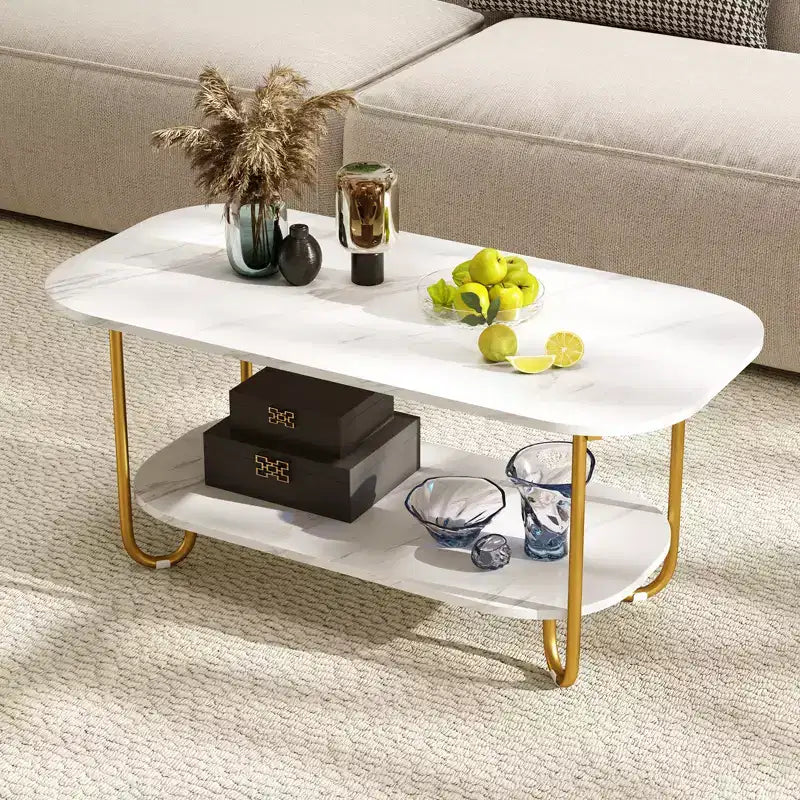 Tavolino da Caffè Costway con Ripiano in Finto Marmo, Struttura in Metallo, Angoli Arrotondati e Ripiano Portaoggetti
