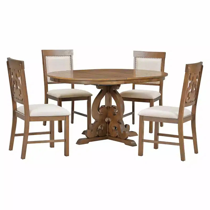 Tavolo da cucina rustico per 4, tavolo da pranzo rotondo allungabile in legno e 4 sedie imbottite, sala da pranzo retrò per cucina