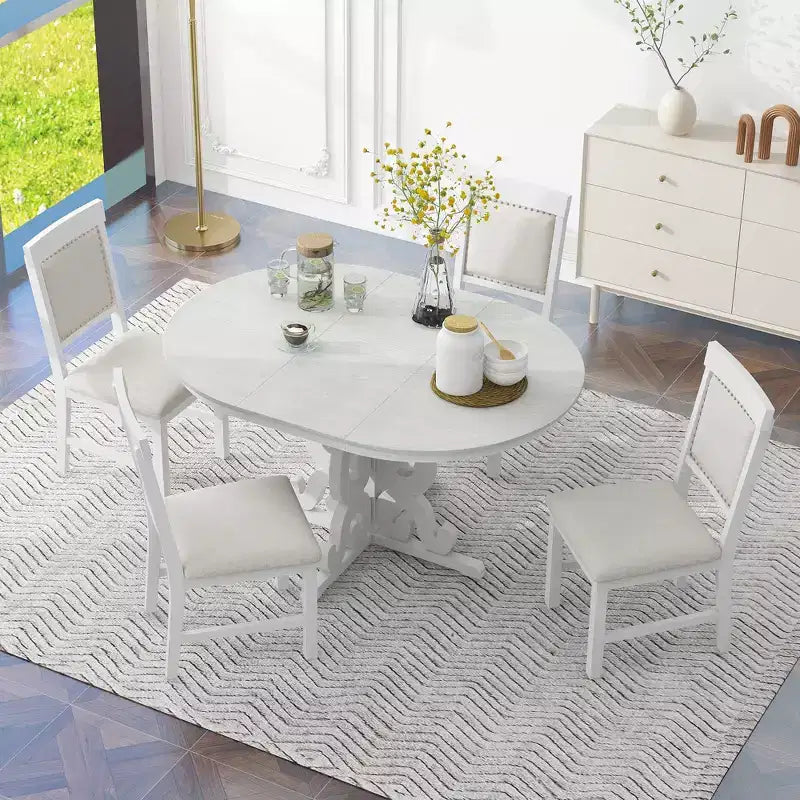 Tavolo da cucina rustico per 4, tavolo da pranzo rotondo allungabile in legno e 4 sedie imbottite, sala da pranzo retrò per cucina