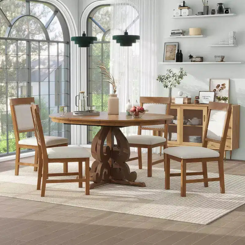 Tavolo da cucina rustico per 4, tavolo da pranzo rotondo allungabile in legno e 4 sedie imbottite, sala da pranzo retrò per cucina