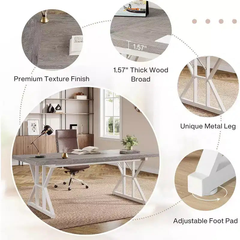 Scrivania grande direzionale Lantine da 70,86 pollici, scrivania industriale per ufficio domestico, semplice tavolo lungo da scrittura e studio, mobili per ufficio (grigio/bianco)