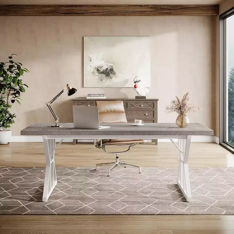 Scrivania grande direzionale Lantine da 70,86 pollici, scrivania industriale per ufficio domestico, semplice tavolo lungo da scrittura e studio, mobili per ufficio (grigio/bianco)