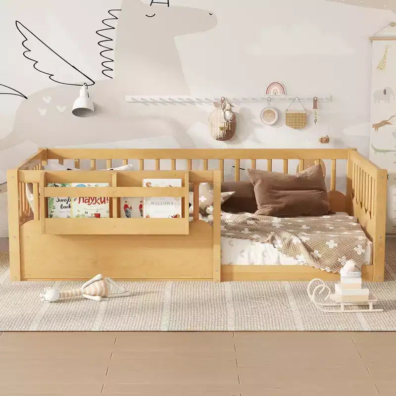 Struttura letto Montessori in legno Twin/Full/King con sponda rialzata e libreria, letto a basso profilo per bambini