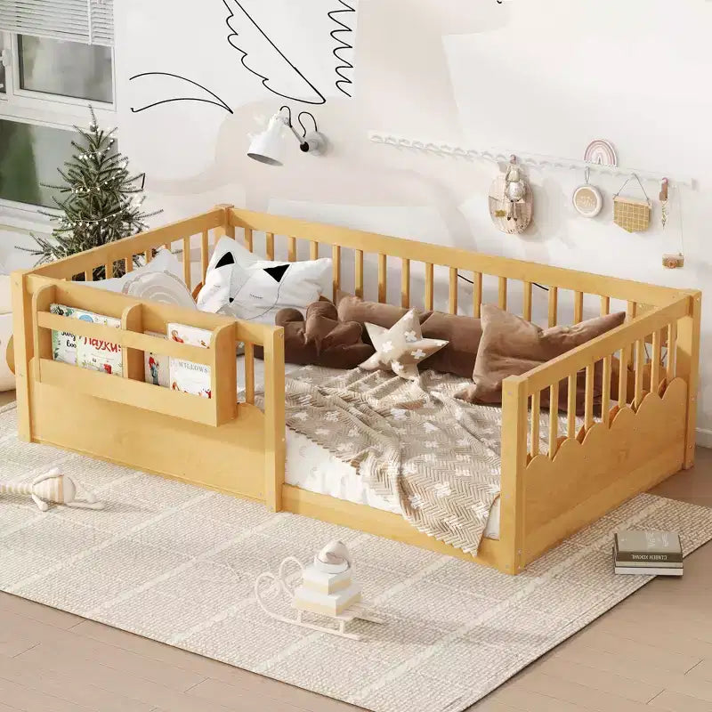 Struttura letto Montessori in legno Twin/Full/King con sponda rialzata e libreria, letto a basso profilo per bambini
