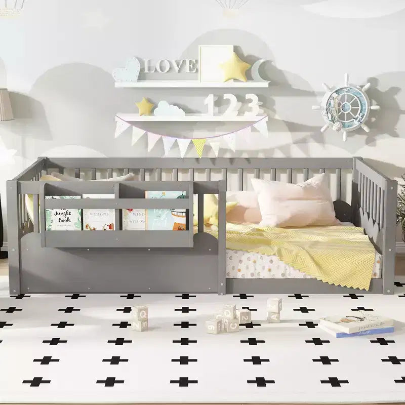 Struttura letto Montessori in legno Twin/Full/King con sponda rialzata e libreria, letto a basso profilo per bambini
