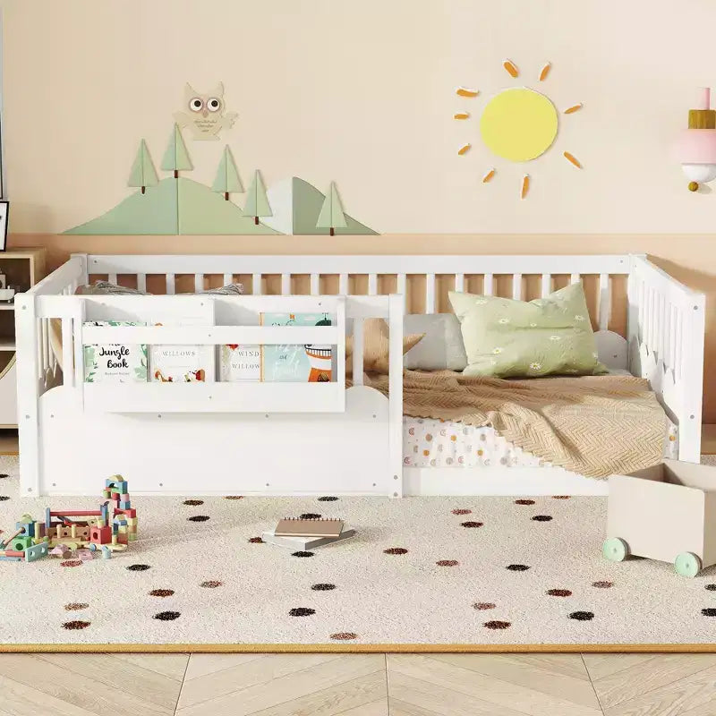 Struttura letto Montessori in legno Twin/Full/King con sponda rialzata e libreria, letto a basso profilo per bambini