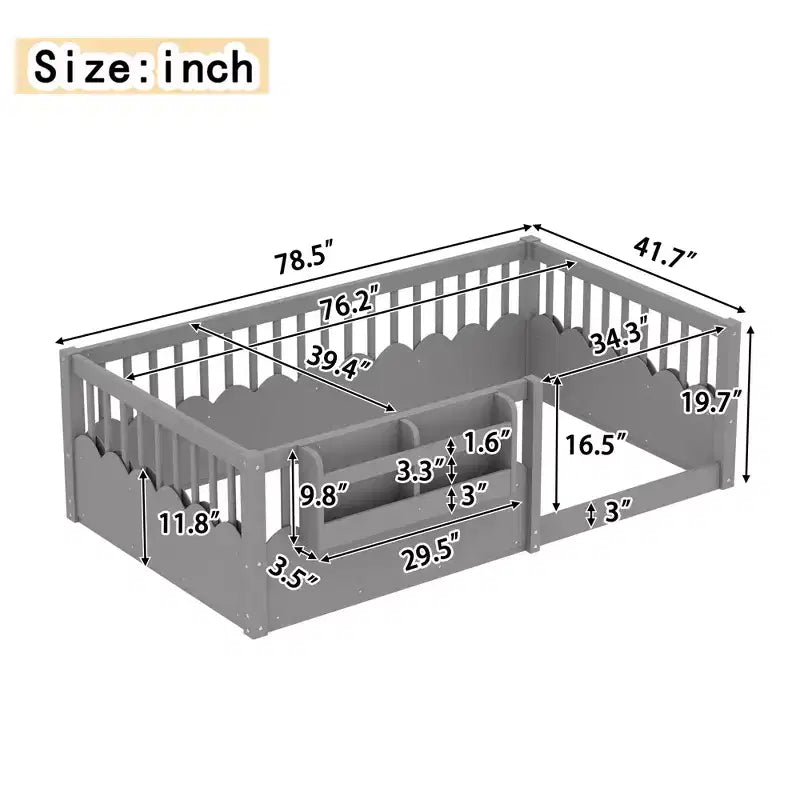 Struttura letto Montessori in legno Twin/Full/King con sponda rialzata e libreria, letto a basso profilo per bambini
