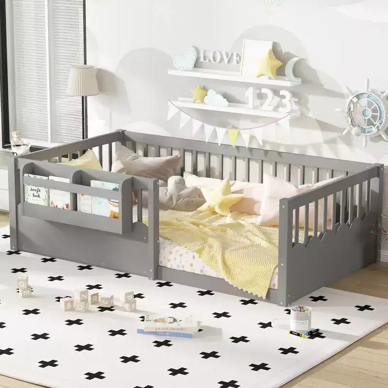 Twin/Full/King Montessori Wood Floor Bed Frame with Heightened Fence & Bookshelf, Low-Profile Kids' Bed - ModernLuxe