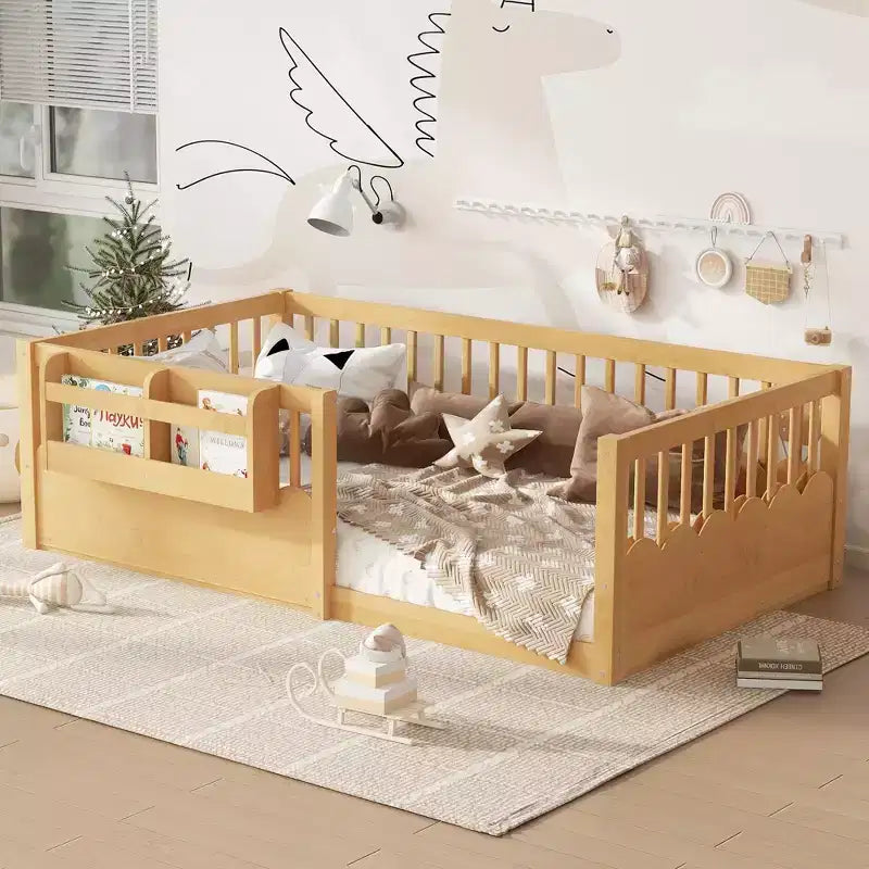 Struttura letto Montessori in legno Twin/Full/King con sponda rialzata e libreria, letto a basso profilo per bambini