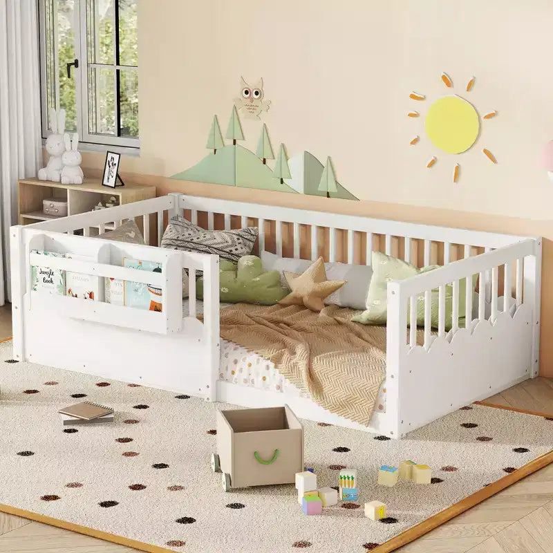 Struttura letto Montessori in legno Twin/Full/King con sponda rialzata e libreria, letto a basso profilo per bambini