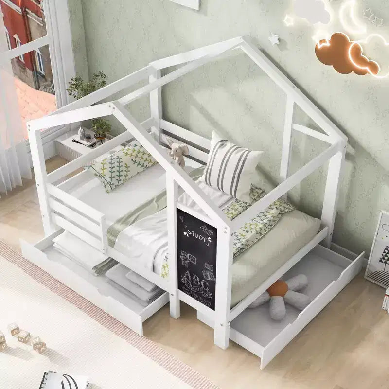 Letto a capanna a grandezza naturale con lavagna e cassetti, due opzioni di montaggio, struttura del letto con spondina, nessuna necessità di rete a molle, design salvaspazio