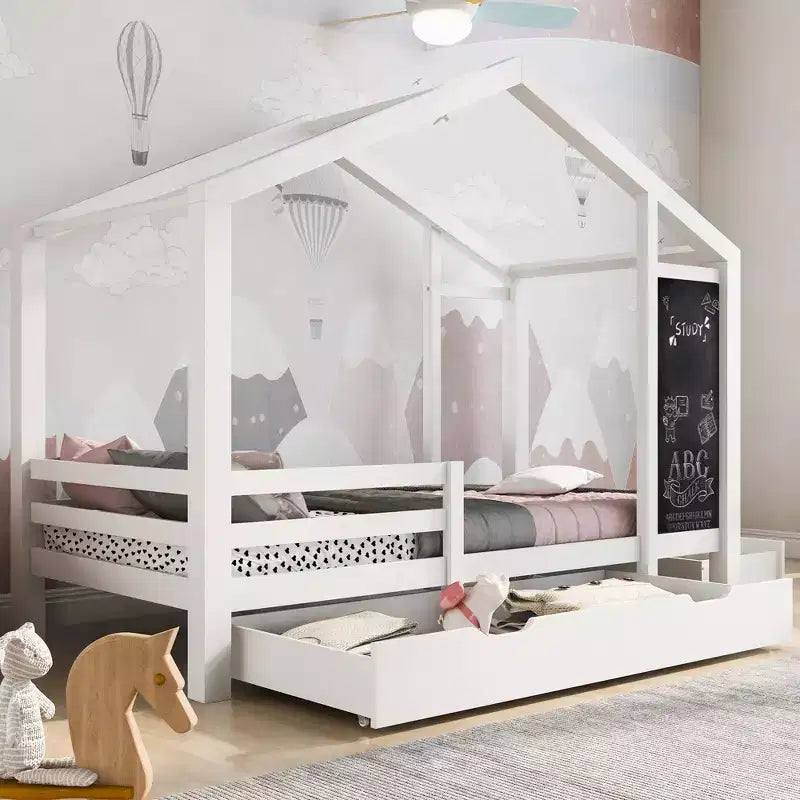 Letto a capanna a grandezza naturale con lavagna e cassetti, due opzioni di montaggio, struttura del letto con spondina, nessuna necessità di rete a molle, design salvaspazio