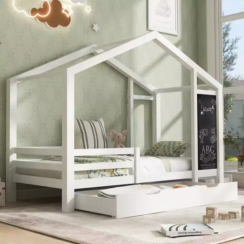 Letto a capanna a grandezza naturale con lavagna e cassetti, due opzioni di montaggio, struttura del letto con spondina, nessuna necessità di rete a molle, design salvaspazio