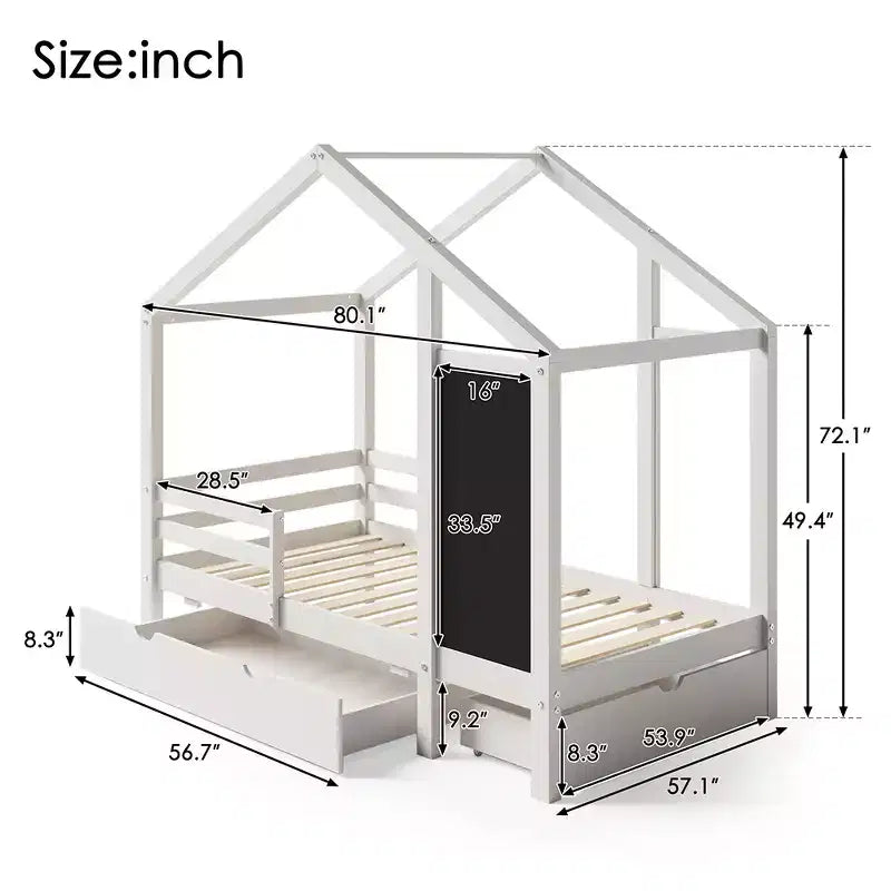 Letto a capanna a grandezza naturale con lavagna e cassetti, due opzioni di montaggio, struttura del letto con spondina, nessuna necessità di rete a molle, design salvaspazio