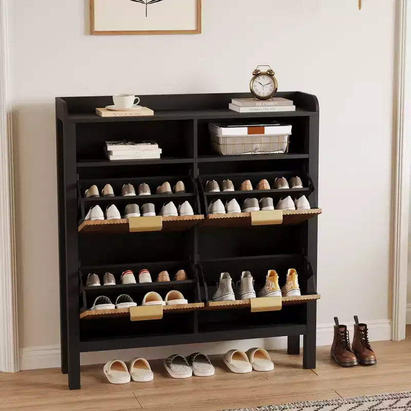 COZONY Shoe Storage Cabinet with 4 Flip Drawers, Fluted Narrow Shoe Storage Organizer with Legs, Freestanding Hidden Thin Shoe Storage for Entryway