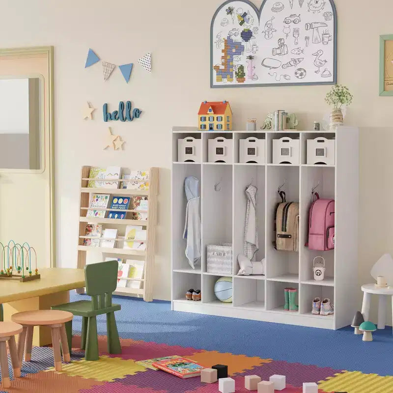 Armadietto Appendiabiti a 5 Sezioni per Aula con 10 Scomparti e Ganci - Organizzatore per Asili Nido, Scuole, Scuole Materne e Uso Domestico