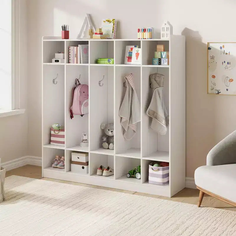 Armadietto Appendiabiti a 5 Sezioni per Aula con 10 Scomparti e Ganci - Organizzatore per Asili Nido, Scuole, Scuole Materne e Uso Domestico