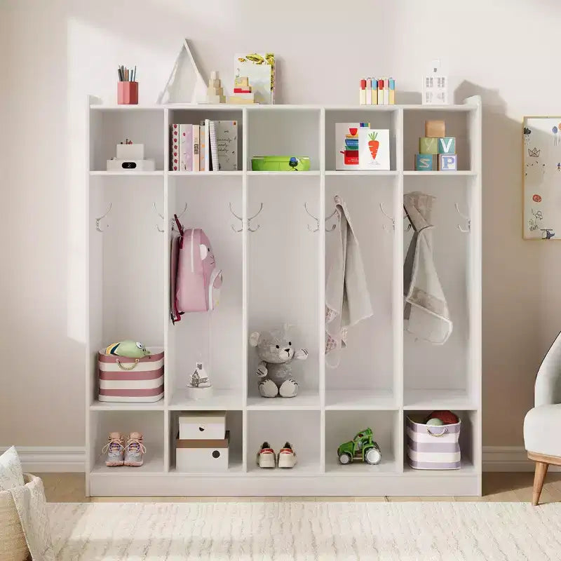 Armadietto Appendiabiti a 5 Sezioni per Aula con 10 Scomparti e Ganci - Organizzatore per Asili Nido, Scuole, Scuole Materne e Uso Domestico