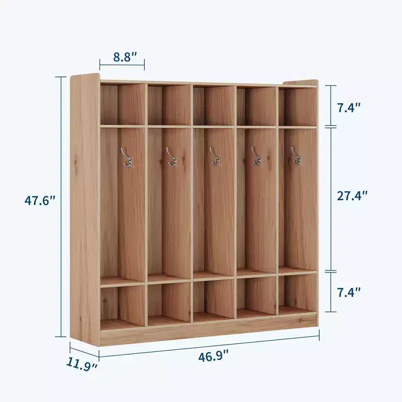Armadietto Appendiabiti a 5 Sezioni per Aula con 10 Scomparti e Ganci - Organizzatore per Asili Nido, Scuole, Scuole Materne e Uso Domestico