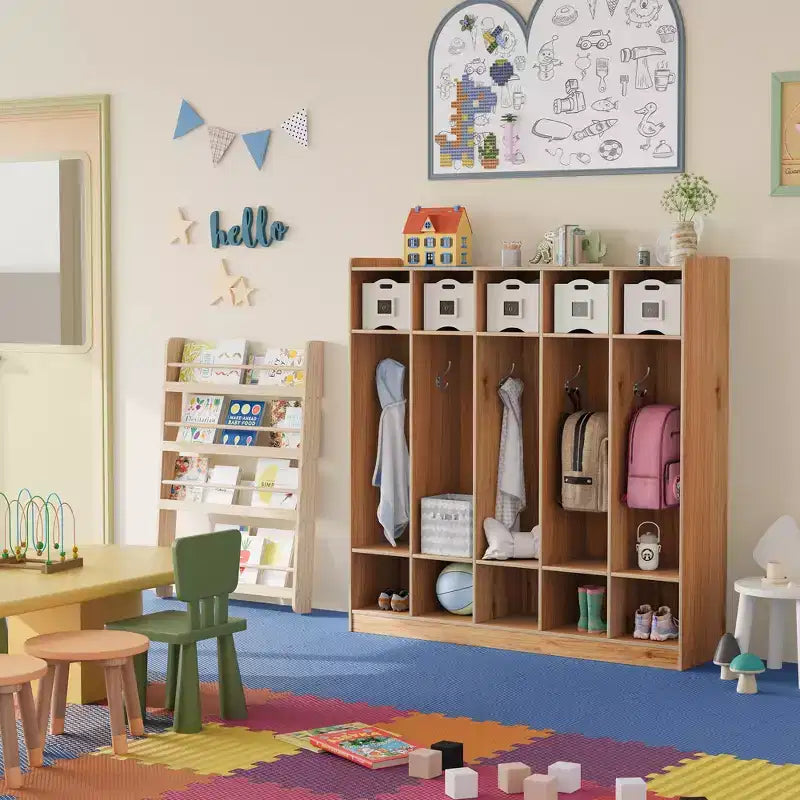 Armadietto Appendiabiti a 5 Sezioni per Aula con 10 Scomparti e Ganci - Organizzatore per Asili Nido, Scuole, Scuole Materne e Uso Domestico