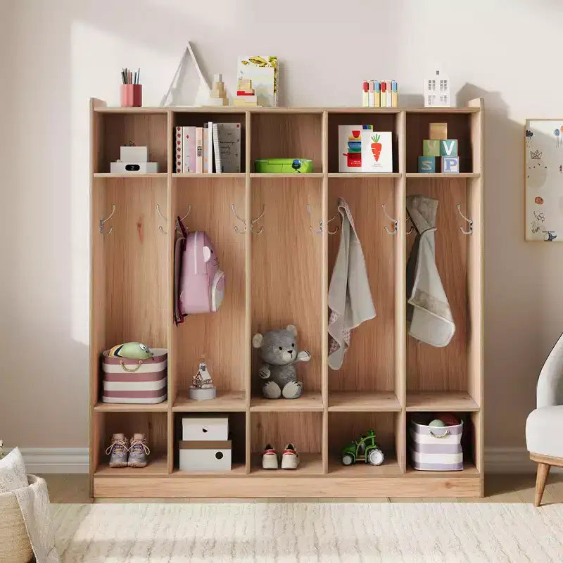 Armadietto Appendiabiti a 5 Sezioni per Aula con 10 Scomparti e Ganci - Organizzatore per Asili Nido, Scuole, Scuole Materne e Uso Domestico