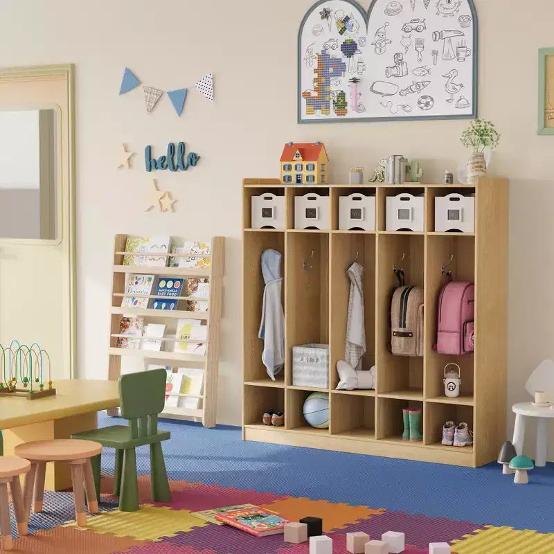 Armadietto Appendiabiti a 5 Sezioni per Aula con 10 Scomparti e Ganci - Organizzatore per Asili Nido, Scuole, Scuole Materne e Uso Domestico