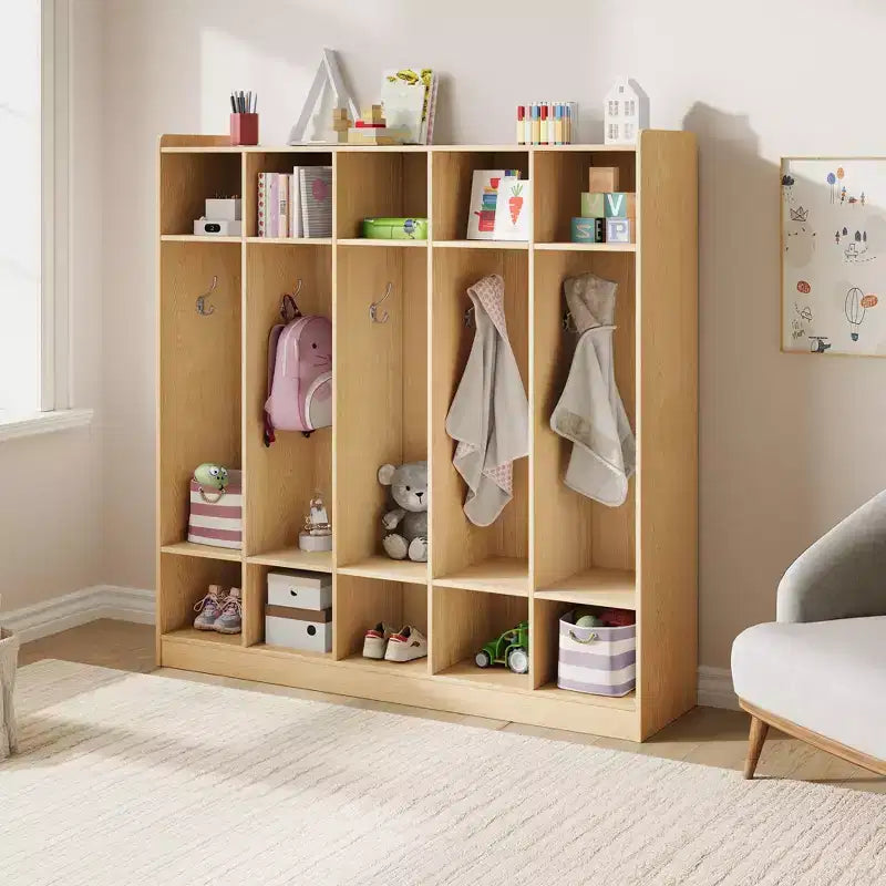 Armadietto Appendiabiti a 5 Sezioni per Aula con 10 Scomparti e Ganci - Organizzatore per Asili Nido, Scuole, Scuole Materne e Uso Domestico