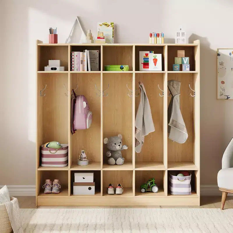 Armadietto Appendiabiti a 5 Sezioni per Aula con 10 Scomparti e Ganci - Organizzatore per Asili Nido, Scuole, Scuole Materne e Uso Domestico