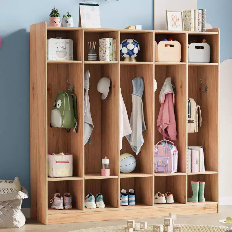 Armadietto Appendiabiti a 5 Sezioni per Aula con 10 Scomparti e Ganci - Organizzatore per Asili Nido, Scuole, Scuole Materne e Uso Domestico