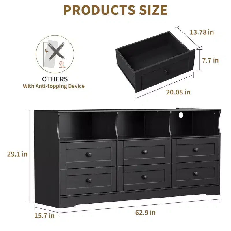 Cassettiera a 6 cassetti con luci, cassettiera in legno da 160 cm con ripiani aperti, mobile TV contenitore per soggiorno, camera da letto, ingresso