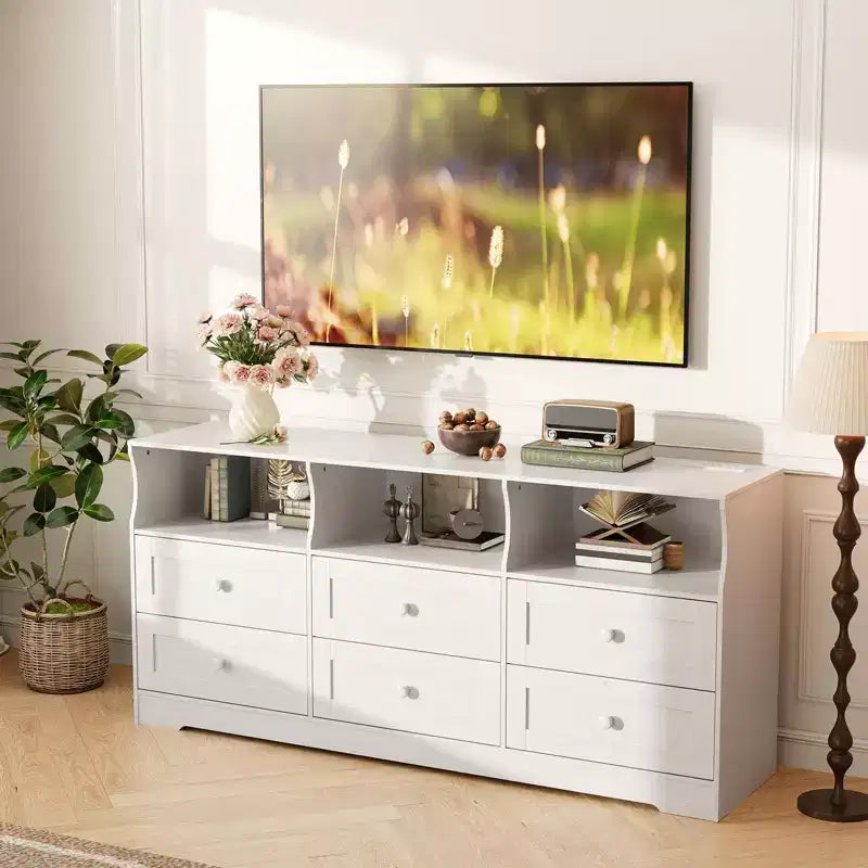 Cassettiera a 6 cassetti con luci, cassettiera in legno da 160 cm con ripiani aperti, mobile TV contenitore per soggiorno, camera da letto, ingresso