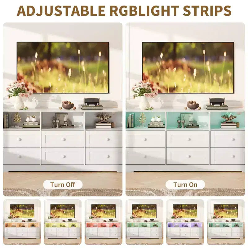 Cassettiera a 6 cassetti con luci, cassettiera in legno da 160 cm con ripiani aperti, mobile TV contenitore per soggiorno, camera da letto, ingresso
