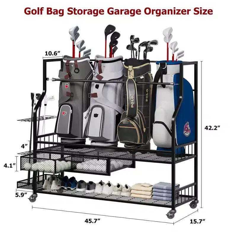 Porta sacche da golf con ruote e cassetti - Organizzatore a 4 sacche per garage e casa