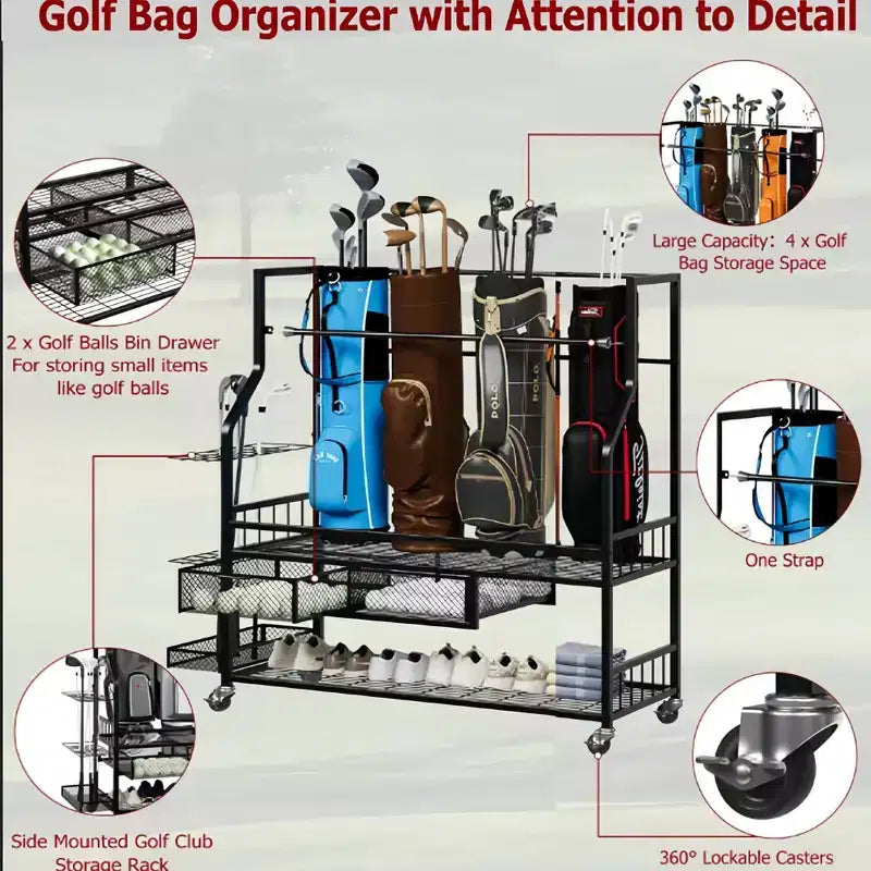 Porta sacche da golf con ruote e cassetti - Organizzatore a 4 sacche per garage e casa