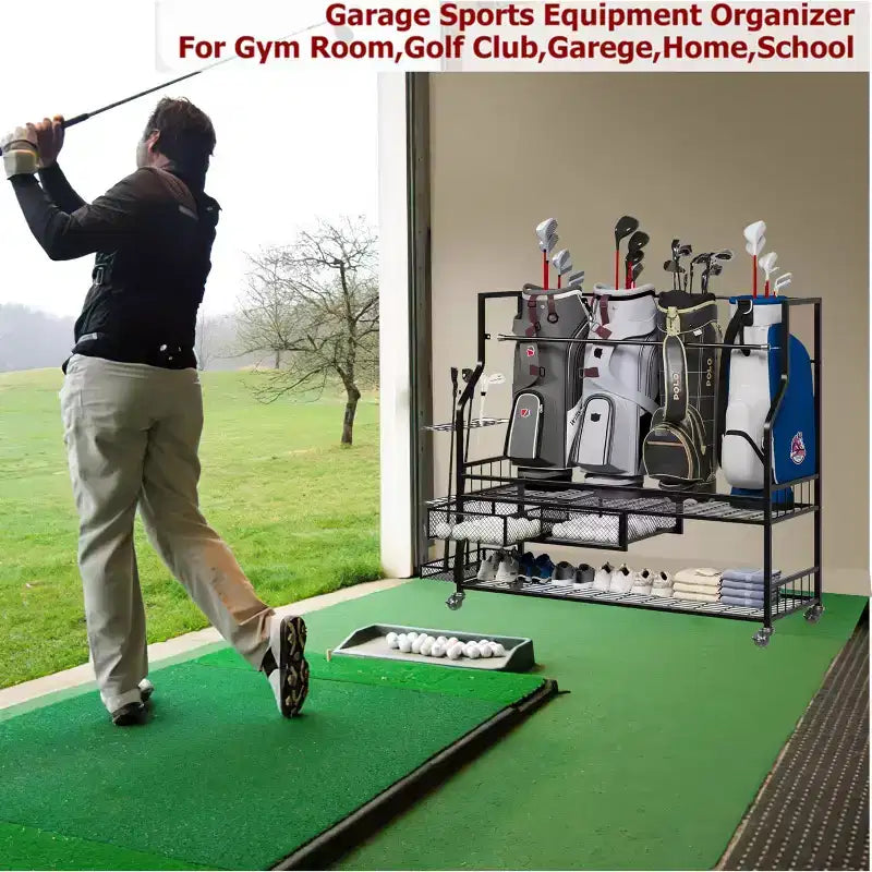 Porta sacche da golf con ruote e cassetti - Organizzatore a 4 sacche per garage e casa