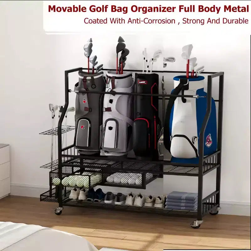 Porta sacche da golf con ruote e cassetti - Organizzatore a 4 sacche per garage e casa